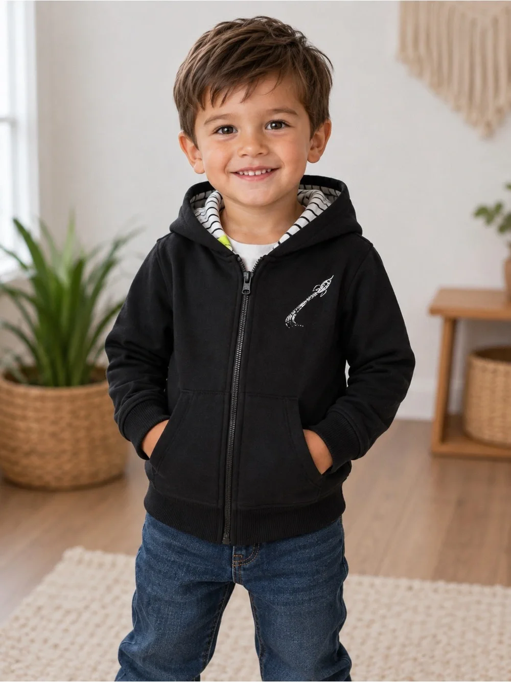 Kids Black Zip Hoodie with Space Rocket Graphic